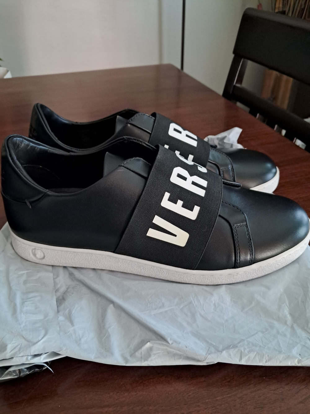 Versus Versace Black Leather Slip-On Sneakers with White Logo Strap.  COA incl.